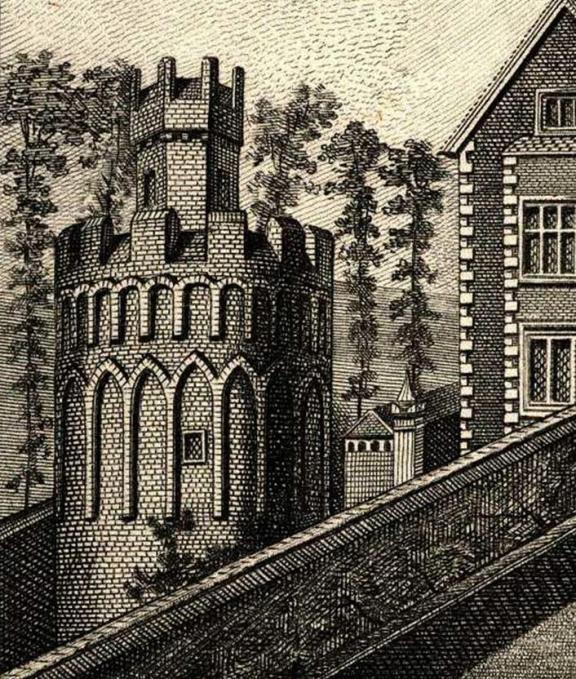 Engraving of 1686 painting with extra turret